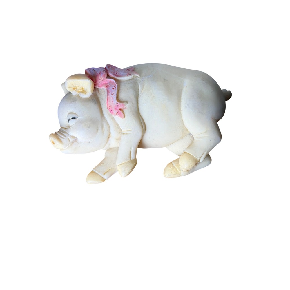 Vintage Sleeping Pig Figurine Cream with Pink Bow Farmhouse Decor Animal Statue